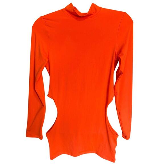 Oh Polly NWT Outsider Bodycon Mini Dress Long Sleeve Cut Out Neon Orange Size 6 - Picture 3 of 14